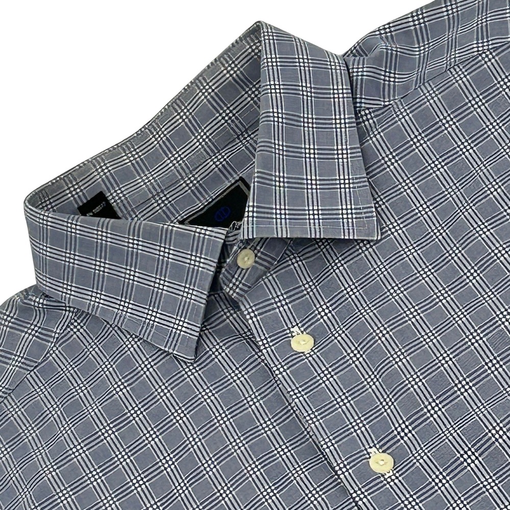 David Donahue Dress Shirt Mens 17.5 32/33 Gray White Plaid Cotton French Cuff